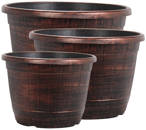 Copper wooden barrel plant pot - wooden,